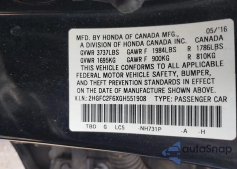 2016 Honda Civic Lx z USA, uszkodzony, nr VIN 2HGFC2F6XGH551908